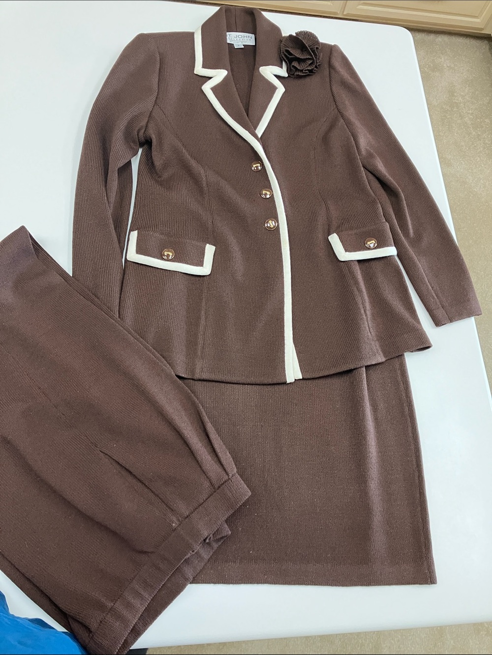 St. John Brown Knit Skirt Suit with Cream Trim and Rosette and Slacks